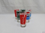 Jogo de 6 copos longos para colecionador em vidro com estampas da Coca-Cola, Pepsi e 7UP. Medindo 16,5cm de altura x 7cm de diâmetro.