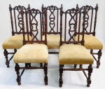 BRASIL 1900 - Jogo de cinco elegantes cadeiras com estrutura em madeira nobre, torneadas ao estilo Império e estofadas em tecido. Espaldar vasado. Manchas do tempo. No estado. Mede 1,10cm x 46cm.