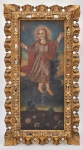 ARTE SACRA - ESCUELA CUSQUEÑA - ÓST - representando figura de Arcanjo Gabriel - PINTURA CORRESPONDENTE A UMA RÉPLICA CATALOGADA - MOLDURA EM MADEIRA NOBRE FOLHEADA À OURO. Medidas: 75 cm x 41 cm