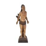 ARTE SACRA - Imagem de São Sebastião ricamente policromado, Brasil, século XIX, em GRANDE dimensão, em madeira entalhada, olhos de vidro. Retirada na Barra com hora marcada. Medida: 118 cm x 43 cm; Base: 31 cm x 31 cm https://www.anticstore.art/80756P