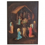 Orlando Teruz (1902-1984). Nascimento de Cristo. Óleo sobre tela. Assinado, cid, verso, datado e situado Rio 1969. 22 x 16 cm.
