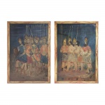 Importante par de pinturas representando romanos. Brasil, Séc. XVIII. Moldura com desenhos marmorizados de época posterior. 120 x 78 cm.