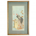 Gravura japonesa. Galo. Japão, Meiji, Séc. XIX. 37 x 16 cm.