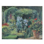 Nivouliès de Pierrefort (1879-1968). Jardim com vasos de Gerânios. Óleo sobre madeira. 37 x 45 cm.  