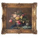 Giacomini. Vaso de Flores. Óleo sobre tela. Assinado, cid. 59 x 48 cm.  