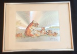 Belíssimo Quadro de Josephine Marsh - Imagem Natureza Morta - Tigre com filhotes - Folha de Prata - protegido por moldura esquadria de alumínio - no estado - MEDE 23,5cm altura X 1,7cm largura X 31cm comprimento.