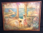 ARTE - PINTURA EM MADEIRA - Policromia - na figura de Ninfas - Paisagem natureza morta - item no estado - MEDE: 31cm altura X 1,2cm largura X 40,7cm comprimento.