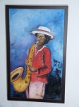 Paulo Cesar Nascimento - "Negro tocando Jazz", óleo e acrílica sobre tela, assinado e datado no verso, 1980. Med. da moldura 104 x 64 e da obra 100 x 60cm. ESTE LOTE NÃO PODE SER ENVIADO PELO CORREIO.