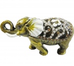 Porta joias/bibelo em metal com pedras cravejadas em forma de elefante. A peça abre para colocação de pequenos objetos. Medida 10 cm.