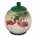 Açucareiro de porcelana com tampa e figura de flamingos e folhagens.Medida 10x10x11,5cm.