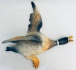 Pato voando decorativo, pintado à mão, em faiança. Med. 25x24 cm.
