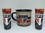 Kit São Paulo Futebol Clube - Par de mini copos long drink SPFC  vidro  50ml - 10 cm de altura e Caneca SPFC  cerâmica  350 ml  9 cm de altura  produtos oficiais licenciados - itens de coleção seminovos - muito bem conservados  sem avarias- sem embalagem