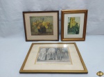 Lote de 3 quadros com gravuras emolduradas em madeira com pátina ouro e vidro frontal. Medindo o maior 33cm x 25cm.