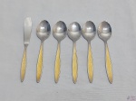 Jogo de 5 colheres de chá e 1 espátula de pasta em aço inox Hercules, modelo ourodur. Medindo as colheres 12cm de comprimento e a espátula 12,5cm de comprimento.