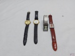 Lote de 4 relógios de pulso feminino, sendo 3 com pulseira em couro e 1 com pulseira em metal, necessita de bateria.