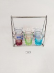 Jogo de 6 Copos Vidro Coloridos para licor com Suporte em metal. Medida:suporte apresenta desgastes 14 cm altura x 16 cm x 8 cm e copos 7 cm altura x 4,5 cm