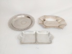 Lote 3 Peças sendo 2 travessas e 1 petisqueira em metal prateado. Medida: travessas 30 cm diametro e 32 cm x 23 cm e 32,5 cm x 14 cm