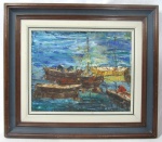 QUADRO, marinha com barcos, OST, sem assinatura, possui manchas proveniente de umidade, emoldurado, medidas da tela: 33 x 41,5 cm. medidas da moldura: 53 x 60,5 cm.