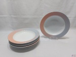 Jogo de 6 pratos fundos em porcelana Schmidt com estampa rosa e azul. Medindo 23,5cm de diâmetro.