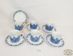 Jogo de 6 Xocaras de Café em Porcelana Decorada Azul e amarela. Medida: Xicara 6 cm altura x 5,5 cm diametro e pires 11 cm diametro