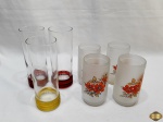 Lote composto de 3 copos longos em vidro com base colorida e 3 copos de água em vidro fosco. Medindo os copos longos 16,5cm de altura.