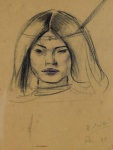 Henrique Campos Cavalleiro (Rio de Janeiro, Rio de Janeiro, 1892 Idem, 1975), "Sem título", técnica mista sobre cartão, Assinado. Localizado Rio. Datado 1938. Cabeça de figura feminina . Med 21x 17 cm (MI);  56x 50 cm (ME). Presença de pontos de acidez sobre o papel e Coleção Particular Rio de Janeiro/RJ.  Nota Biográfica:  Pintor, desenhista, caricaturista, ilustrador e professor. Começa estudando desenho e, cedo, faz ilustrações para a revista O Malho. A partir de 1910, na Escola Nacional de Belas Artes (Enba), é aluno de Zeferino da Costa (1840-1915) e Eliseu Visconti (1866-1944) que se torna seu sogro. Ganha o prêmio de viagem ao exterior em 1918, ano em que se matricula na Académie Julian, em Paris, na qual estuda por seis meses. Em seguida, monta ateliê próprio, onde trabalha até o final da estada. Em 1923 e 1924, expõe na Société Nationale des Beaux-Arts e no Salon des Artistes Français. Volta em 1925 e faz uma individual no Rio de Janeiro e outra em São Paulo. As atividades de ilustrador e caricaturista continuam, e ele colabora com os periódicos Fon-Fon, A Manhã, O Teatro, O Jornal, Ilustração Brasileira e O Cruzeiro. Em 1930, retorna a Paris para estudar artes decorativas. A partir de 1938, ocupa, interinamente, a cadeira de arte decorativa na Enba e, mais tarde, torna-se professor de pintura por concurso. Participa da 1ª Bienal de São Paulo, em 1951, e, no ano seguinte, da mostra Um Século de Pintura Brasileira, no Museu Nacional de Belas Artes (MNBA), Rio de Janeiro. Em 1965, recebe o título de professor emérito da Enba. Abre uma retrospectiva no MNBA em 1975, pouco antes de sua morte.