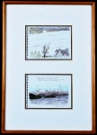 Glauco Rodrigues - Glauco Otávio Castilhos Rodrigues (Bagé, Rio Grande do Sul, 1929 - Rio de Janeiro, Rio de Janeiro, 2004), "Chalé em São Carlos - Bariloche",  Pendant de técnica mista sobre papel de caderno,assinada e datada 17/08/1985 . Situado: São Carlos - Bariloche. Anotações : 3.8 graus/ 9 horas. Med 12 x 16 cm (MI) / cada obra; 48 x 34 cm (ME). Presença de ligeira sujicidade sobre e pontos de acidez sobre o papel . No estado. Coleção Particular.  Nota Biográfica:  Pintor, desenhista, gravador, ilustrador, cenógrafo. Começa a pintar, como autodidata, em 1945. Em 1949, recebe bolsa de estudos da Prefeitura de Bagé e freqüenta, por três meses, a Escola Nacional de Belas Artes (Enba), no Rio de Janeiro. Em 1951, funda o Clube de Gravura de Bagé, com Glênio Bianchetti (1928) e Danúbio Gonçalves (1925). Fixa-se em Porto Alegre e participa do Clube de Gravura de Porto Alegre, fundado por Carlos Scliar (1920 - 2001) e Vasco Prado (1914 - 1998). Em 1958, muda-se para o Rio de Janeiro e integra a primeira equipe da revista Senhor. Reside em Roma entre 1962 e 1965. Ao retornar ao Brasil, participa de importantes exposições, como Opinião 66, no Museu de Arte Moderna do Rio de Janeiro - MAM/RJ. No fim da década de 1950, sua produção se aproxima da abstração. Volta à figuração no início dos anos 1960, e produz obras sob o impacto da arte pop, tratando, com humor, de temas nacionais como a imagem do índio, o carnaval, o futebol, a natureza tropical e a história do Brasil, que inspiram séries como Terra Brasilis, 1970, Carta de Pero Vaz de Caminha, 1971, No País do Carnaval, 1982 ou Sete Vícios Capitais, 1985. Na década de 1980, recebe o Prêmio Golfinho de Ouro Artes Plásticas do Governo do Estado do Rio de Janeiro e publica o livro Glauco Rodrigues, que reúne toda sua obra. Em 1999, recebe o Prêmio Ministério da Cultura Candido Portinari - Artes Plásticas.