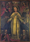 CUZQUENHO - Importante pintura da escola de Cuzco, atribuível ao século XVIII. "Nsra das Mercês". Óleo sobre tela. Med. 149 x 107 cm (MI); 150 x 108 cm (ME).  Presença de antigos restauros e desgastes naturais do tempo. Sujidade sobre a camada pictórica. Proveniência : adquirido na Icônica Galeria Europa de propriedade do Sr Sebastiano de Luca em 1962, atual coleção particular Rio de Janeiro/RJ.  Esta obra agrega à sua representação mais usual, a presença do Divino Espirito Santo pousado sobre a coroa de Nsra. Brincos e luxuosa vestimenta, que ostenta o antigo símbolo da Ordem dos Mercedários,  próprios de uma rainha. Fusão da fisionomia europeia com traços indígenas. Nota Histórica: Primeiramente conhecida pelo nome de Ordem de santa Eulália para o resgate dos cativos, a Ordem de Nossa Senhora das Mercês (merces quer dizer resgate) foi fundada no século XIII; era sua finalidade o resgate dos cristãos prisioneiros dos muçulmanos. No século XV, atribuía-se a sua fundação a São Pedro Nolasco e a São Raimundo de Penaforte, a quem a Santíssima Virgem apareceu, tomando a obra sob a sua proteção. A festa de 24 de Setembro comemora esta aparição; celebrada a princípio pela Ordem, foi estendida à Igreja universal em 1696.  Nossa Senhora das Mercês é uma das designações atribuídas à Virgem Maria na Igreja Católica. A devoção originou-se na Espanha, daí também ser conhecida por Nossa Senhora das Mercedes, e foi popularizada pelos frades da Ordem de Nossa Senhora das Mercês, fundada por São Pedro Nolasco. Foi considerada protetora dos cristãos cativos dos mouros na África, principalmente os marinheiros e mercadores subjugados no Mar Mediterrâneo. A devoção chegou a Portugal, onde difundiu-se de Alenquer para Santarém e para Lisboa. A devoção foi trazida pelos frades mercedários para o Brasil, onde floresceram diversas confrarias, formadas principalmente por escravos, os quais consideravam Nossa Senhora das Mercês padroeira de sua libertação.   Nota de indicação bibliográfica: Obras de semelhante fatura podem ser vistas no livro " A ARTE MESTIÇA" - http://livrozilla.com/doc/1030257/a-arte-mesti%C3%A7a . Nota de transporte: Esta obra não poderá ser enviada pelos correios.