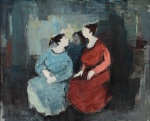 Esther Peretz-Arad (Israel ,1921 - 2005), "Três mulheres conversando".  Óleo sobre tela, Assinado. Med  65 x 80 cm (MI);  67 x 82 cm (ME). Marcas do tempo. Sujidade e perdas da camada pictórica. Coleção Particular Rio de Janeiro/RJ. Nota Biográfica: foi um pintor, escultor e desenhista israelense. Nascida na Bulgária, emigrou para Israel ainda jovem. Ela estudou pintura com Aharon Avni, que fundou várias escolas de arte durante as décadas de 1920 e 1930, incluindo o Instituto Anvi. Peretz- Arad é mais conhecida por seus desenhos. Durante os anos de sua criação, ela experimentou vários meios, como óleo, litografia, escultura, água-forte e caligrafia. Seu estilo é principalmente figurativo, caracterizado pela qualidade da linha, áreas, fluidez e composição. Peretz- Arad expôs extensivamente em Israel e no exterior, suas obras podem ser encontradas em muitas coleções em todo o mundo. Desde 1959, ela fez muitos shows individuais em Israel. As exposições coletivas selecionadas incluem a exposição itinerante de 1960 nos EUA sob o patrocínio do Ministério das Relações Exteriores e do Museu de Tel-Aviv; 1966, Museu Hermitage, Leningrado. Ela recebeu o Prêmio Dizengoff israelense em 1956. Nota : De acordo com o item 3 dos termos e condições - 3. As peças estrangeiras, sejam quadros e ou esculturas, serão sempre vendidas como Atribuídas.