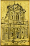 MINIATURA -  "Igreja de Santa Irene", reprodução gráfica manual sobre folha de ouro 23,75 k - 985 % . Assinado Zoe . Datado de 1984. Itália - Século XX. Med. 14 x 9 cm (MI); 28 x 23 cm (ME). Marcas do tempo e pequenos desgastes. Acervo Particular Rio de Janeiro - RJ. Nota : No verso verso certificado de garantia .