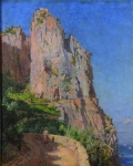 João Baptista da Costa (Itaguaí RJ 1865 - Rio de Janeiro RJ 1926), "Paisagem de Capri". Óleo sobre Madeira. Assinado. Datado de 1898. Med. 46,5 x 37 cm (MI); 78,5 x 69 cm (ME). Coleção Marcos Ricardo Abreu - Rio de Janeiro/RJ.  Nota Biográfica: Pintor, desenhista, professor. Inicia sua formação artística em 1877 no  Asilo dos Meninos Desvalidos, Rio de Janeiro, onde estuda desenho com Antônio de Souza Lobo (1840 - 1909). Em 1885, ingressa na Academia Imperial de Belas Artes - Aiba, e é aluno de Zeferino da Costa (1840 - 1915), José Maria de Medeiros (1849 - 1925) e Rodolfo Amoedo (1857 - 1941). Em 1894, recebe o prêmio de viagem ao exterior na 1ª Exposição Geral de Belas Artes. Vai para a Europa e, em 1897, estuda com Jules Joseph Lefebvre (1836 - 1912) e Tony Robert-Fleury (1837 - 1911) na Académie Julian, em Paris. Em 1906, torna-se professor da Escola Nacional de Belas Artes - Enba, substituindo Rodolfo Amoedo na cadeira de pintura; tem como alunos Candido Portinari (1903 - 1962) Orlando Teruz (1902 - 1984) e Quirino Campofiorito (1902 - 1993), entre outros. De 1915 até 1926 assume a direção da Enba.