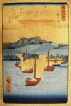 Ando Hiroshige, `Barcos Retornando para a Base`, Xilogravura, 25 x 35, assinatura no canto inferior esquerdo.