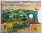 Guignard, `Vilarejo, paleta do artista`, Óleo Sobre Madeira, 24 x 30, assinatura no canto inferior direito.