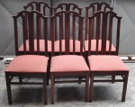 MOBILIÁRIO, Lote com 6(seis)  cadeiras, uma com restauro,  com estrutura em madeira maciça, reta de corte quadrangular, amarração em travejamento, espaldar com traves verticais, vergadas no cachaço, assento forrado em tecido vermelho claro com decoração em balões. Alt. 104cm