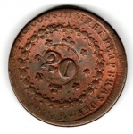 Moeda de Cobre - cat: C616- 40 RÉIS COM CARIMBO GERAL DE 20 -ANO APAGADO- LETRA R - DESLOCAMENTO DE CUNHO 