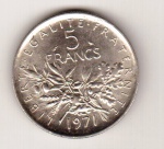 Moeda de 5 francos - Prata - 1971 - SOB