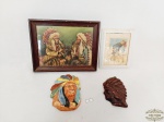 Lote 4 Peças decorativas Diversas sendo Quadro, porta retrato e 2 enfeites representando Indios em Ceramica. Medida: Quadro 18 cm x 14 cm, porta retrato 9,5 cm x 12 cm e indios 10 e 8,5 cm