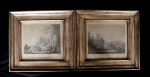 ALBERT HENRY PAYNE (séc. XIX) e W. FRENCH (c. 1815 - 1898) "Aufbruch zur Jagd" e "Die Rückkehr von der Jagd",  pendant de gravura em metal sobre papel, a partir de desenhos de Philips Wouwerman (1619 - 1668), medindo 17,5 cm x 20 cm e 18,3 cm x 20 cm, respectivamente. Inglaterra, século XIX.