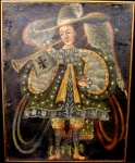 ESCOLA DE POTOSÍ "São Gabriel Arcanjo", óleo sobre tela, medindo 50 cm x 39 cm. Bolívia, século XVIII. No verso, carimbo da casa "Ao Quadro Elegante" de São Paulo. (Reentelado)