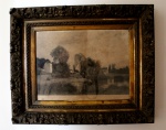 JEAN-BAPTISTE CAMILLE COROT (Paris, França, 1796 - Ville-dAvray, França, 1875) "Ville-dAvray", gravura em água-forte aquarelada sobre papel, medindo 38 cm x 52 cm, a.c.i.e., circa 1850.