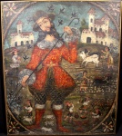 ESCOLA DE POTOSÍ "San Izidro", óleo sobre tela, medindo 86 cm x 72 cm. Bolívia, século XVIII. No verso, carimbo da casa "Ao Quadro Elegante" de São Paulo. (Reentelado)