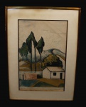FRANCISCO REBOLO (São Paulo, SP, 1902 - 1980) "Casario na paisagem", giz de cera sobre papel, medindo 51 cm x 33 cm, a.c.i.d., e inscrição "P. Apresentação".