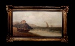 PAUL BERNARD MORCHAIN (Rochefort, França, 1876 - 1939) "Chalupa na costa da Bretanha", óleo sobre tela, medindo 39 cm x 73 cm, a.c.i.e.. (Apresentando restauro)