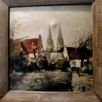 ARTISTA NÃO IDENTIFICADO "Paisagem com casario e igreja", óleo sobre tela, medindo 74 cm x 71,5 cm, a.c.i.d. "JH", datado "1935". (Apresentando restauro no lado direito)