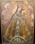 ESCOLA DE POTOSÍ "Nossa Senhora da Candelária", óleo sobre tela, medindo 57 cm x 42,5 cm. Bolívia, século XVIII. No verso, carimbo da casa "Ao Quadro Elegante" de São Paulo. (Reentelado)