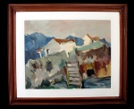 OLAVO SOARES (São Paulo, SP, 1917 - ?) "Casario", óleo sobre tela, medindo 40 cm x 50 cm. No verso, curriculum vitae do artista.