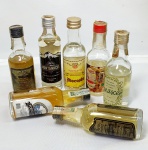 Miniatura - Sete miniaturas de garrafas de cachaça,  marcas diversas, algumas com marcas de evaporação.