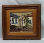 Quadro- Bela pintura sobre eucatex,  rua com o casas em Paraty pintado pelo artista plástico Fernando Leitão, moldura em madeira com passe-partout dando profundidade a tela, medindo a tela 18,5cm X16cm e com a moldura 28,5cm X 31,5cm.