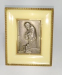 Antigo e Raro adorno de Mesa - ''S. Francesco D' Assisc'' - E.S. M. Ytaly - Estrutura em baquelite e plaquinha em metal prateado - Medida: 9,5 x 7,5 cm.