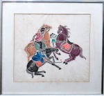 Belíssimo quadro oriental "Batalha de guerreiros" em técnica mista sobre papel de arroz. ME: 69cm x 73,5cm. MI: 48cm x 53cm.